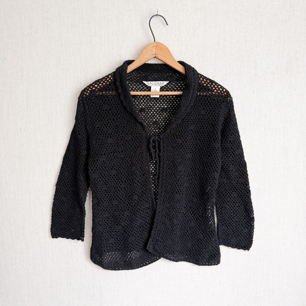 Uniform John Paul Richard Crochet Cardigan Boho Open Knit Tie Front S Black Mesh